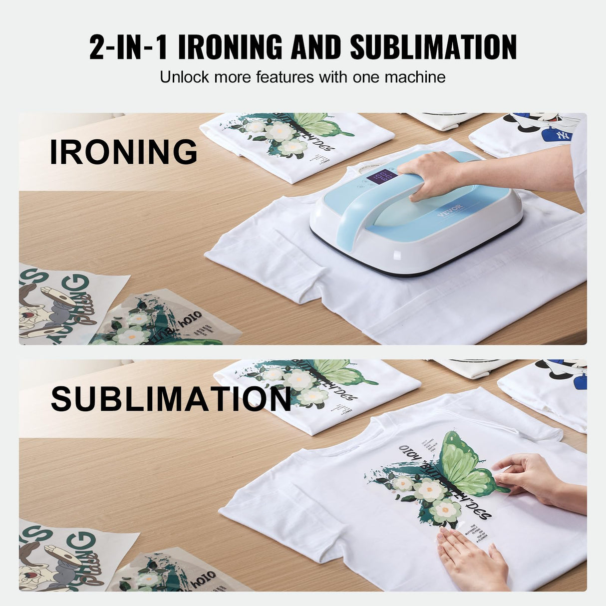 VEVOR Heat Press Machine - 12" x 10" Portable Heat Press - Heat Transfer Machine with Precise Temp Control and Auto-Off Dual-Tube Even Heating - Sublimation Machine for T-Shirts/Bags(Blue+White) VEVOR