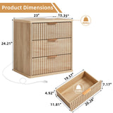 LEYAOYAO 23" Wide Fluted Farmhouse Night Stand Set of 2 with Charging Station, 3 Drawers Large End Table w/Metal Handle, Natural Nightstand Bedside Table,Wood Dresser for Bedroom, Closet LEYAOYAO