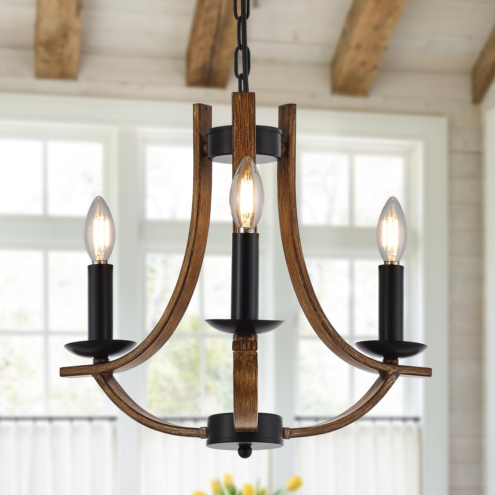 Widluth Farmhouse Wooden Chandelier Vintage 3-Lights Industrial 17.7“ Candle Style Chandelier with Wood Finish Metal Retro Rustic Black Chandelier for Dining Room, Kitchen Island, Living Room - WoodArtSupply