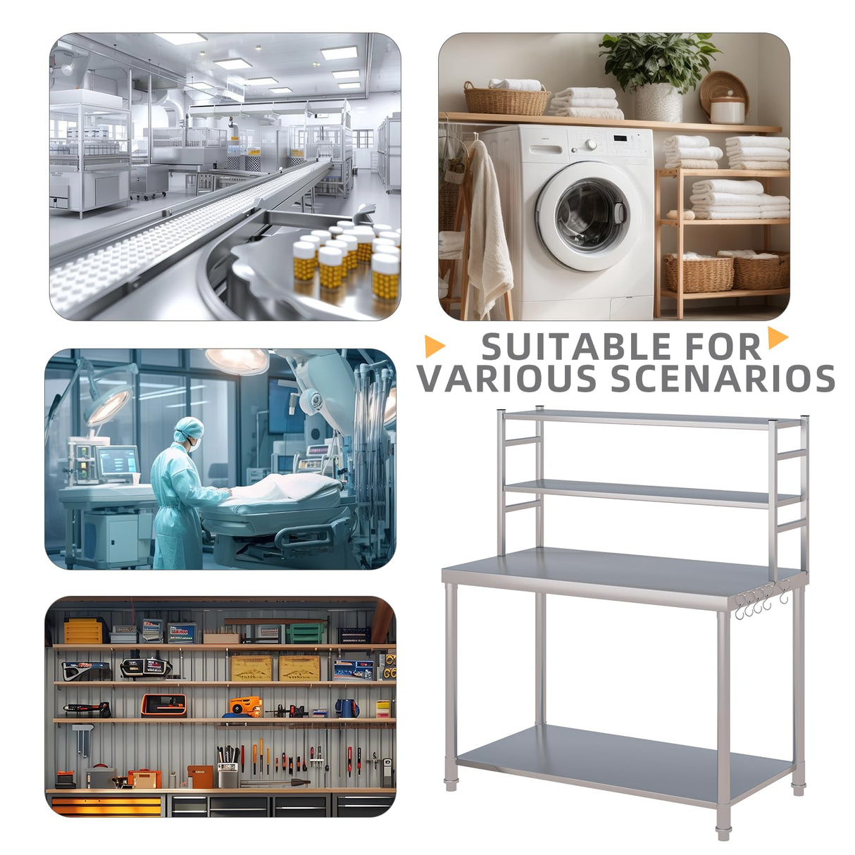 JFHID Stainless Steel Table with Overshelves 48"x24" with 2 Adjustable Tier Shelves Commercial Kitchen Prep Table Countertop Metal Work Table Workbench for Garage Home Restaurant Warehouse JFHID