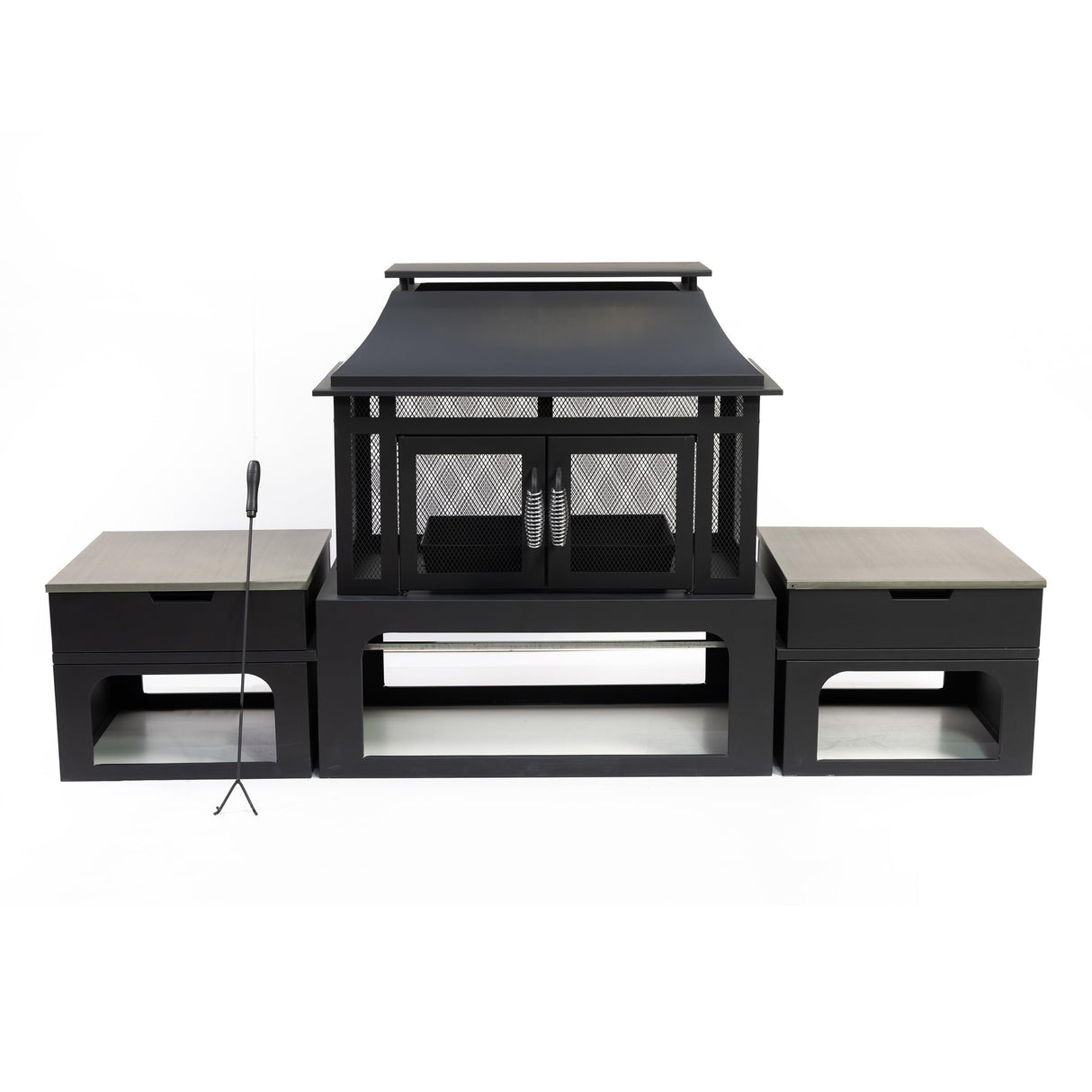 Deko Living 70 Inch Rectangular Outdoor Fireplace - Steel Woodburning Fireplace with Side Tables - Fire Place with Integrated Log Storage and Log Poker - Durable Fireplace for Patio Backyard Deko Living