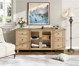 WAMPAT Farmhouse Sideboard Buffet Cabinet with Glass Door & Adjustable Shelf, Wooden Coffee Bar Table with Solid Wood Leg, Kitchen Storage Cabinet for Dining Room, Oak, 58 Inch WAMPAT