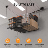 eShelf Adjustable Overhead Garage Storage Rack, 4x4ft Garage Ceiling Storage Lift, Heavy Duty Garage Storage Lift System With 300lbs Weight Capacity, Perfect for Kayaks, Ladders eShelf