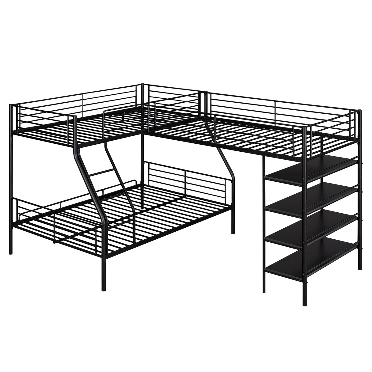 Twin Over Full Bunk Bed with Twin Loft Bed, L-Shaped Triple Bunk Bed with Storage Shelves, 3 Bunk Beds with Ladder and Full Length Guardrails, (Black Twin Over Full Shlef) Bellemave