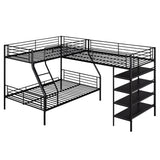 Polibi L-Shaped Metal Corner Bunk Bed with Ladder, Twin Over Full Bunk Bed with Twin Loft Bed and 4 Built-in Shelves, Black Polibi
