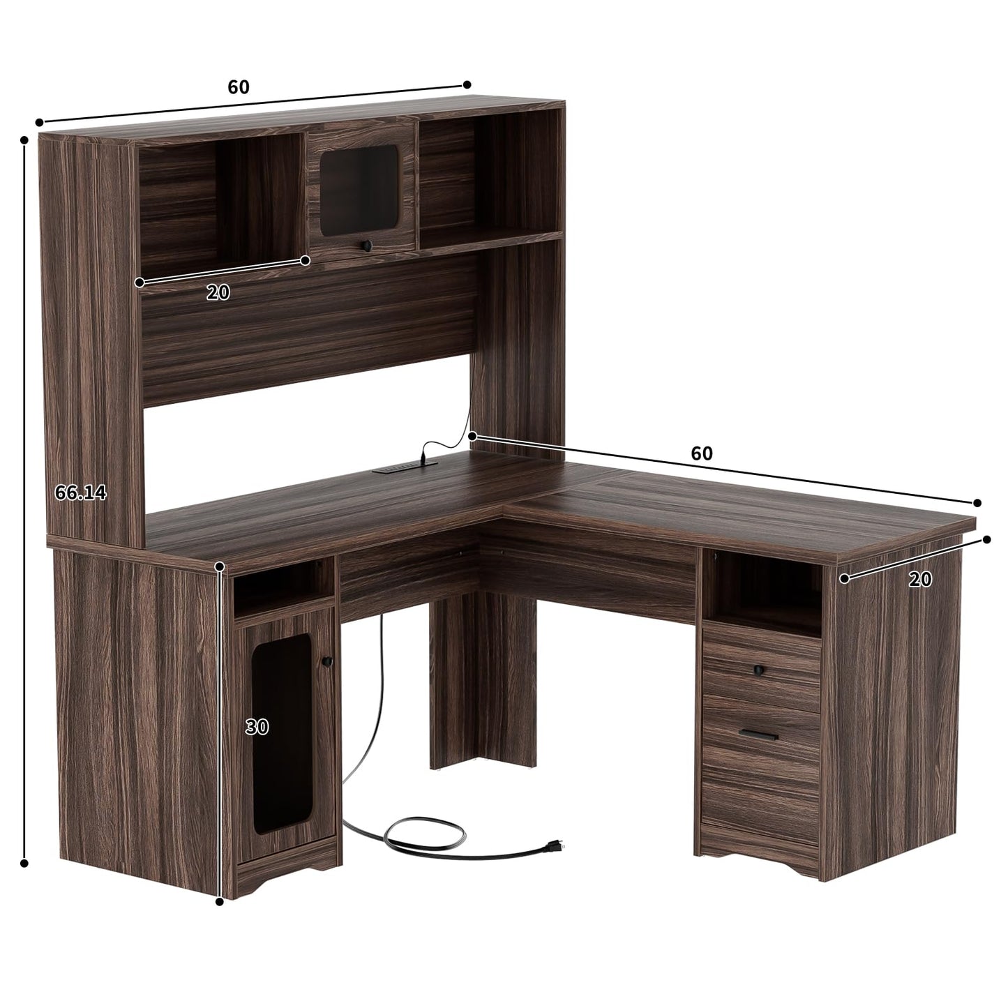 Unikito L Shaped Desk with Drawers, 60 Inch Office Desk with Power Outlet and LED Lights, Sturdy Corner Computer Desk with Hutch and File Cabinets, 2 Person Home Office Gaming Table, Rustic O - WoodArtSupply