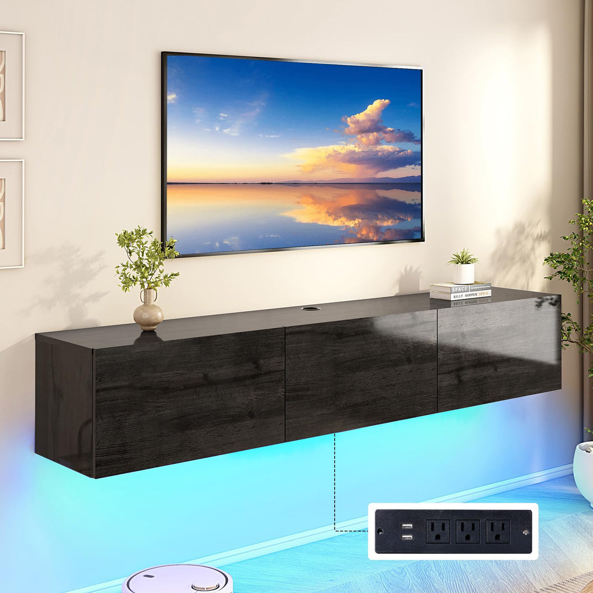 AMERLIFE 70" Floating TV Stand with LED Lights and Power Outlet, High Gloss Wooden Texture Wall Mounted Media Console Entertainment Center for TVs Up to 80", Black AMERLIFE