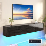 AMERLIFE 70" Floating TV Stand with LED Lights and Power Outlet, High Gloss Wooden Texture Wall Mounted Media Console Entertainment Center for TVs Up to 80", Black AMERLIFE