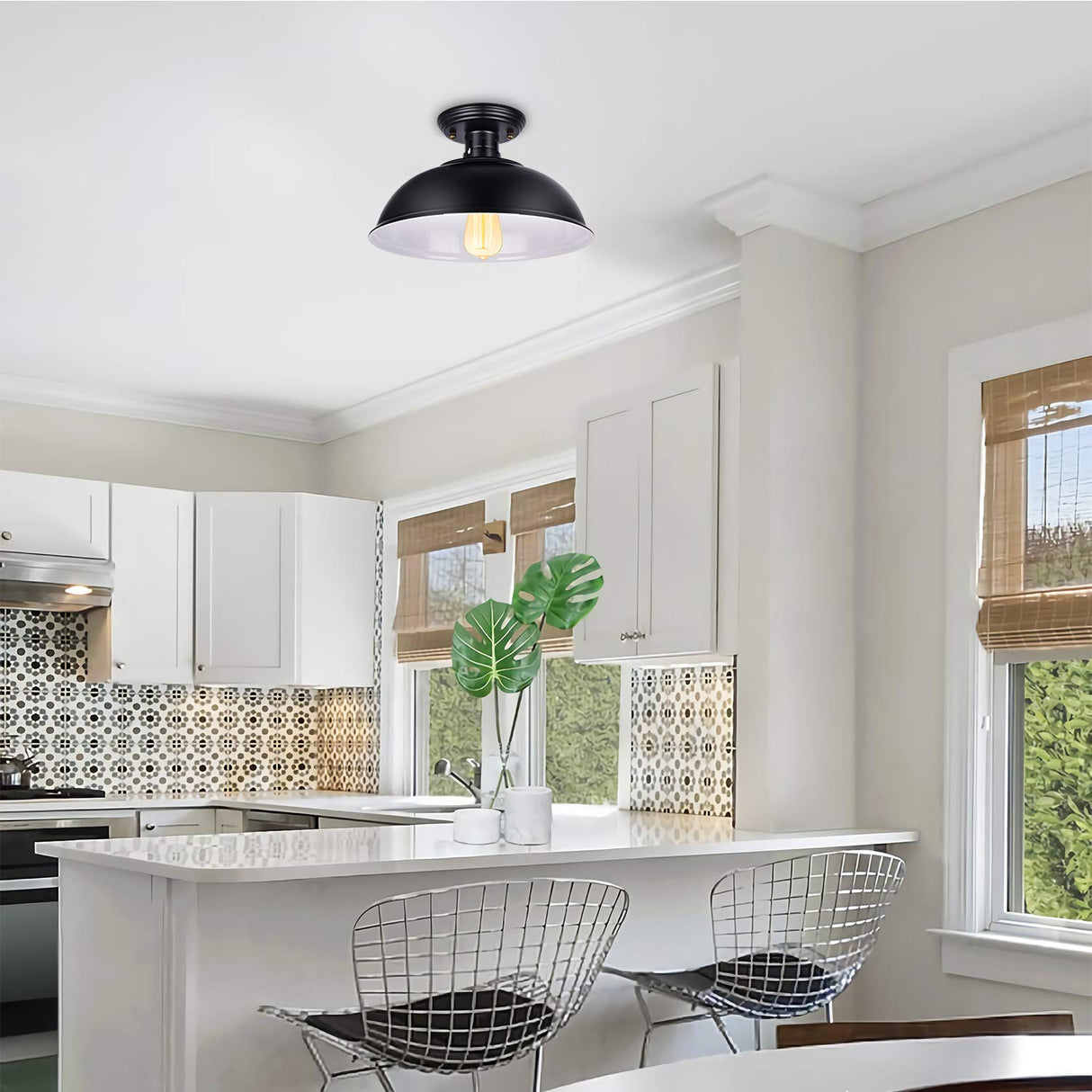 Vintage Rustic Semi Flush Mount Light, Farmhouse Black Ceiling Fixture, Industrial Lights for Hallway, Stairway, Foyer, Kitchen, Porch, Entryway (2 Pack) Wegitcs