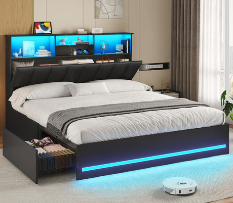 VIAGDO Full Size Bed Frame with Bookcase Headboard, Wooden Bed Frame Full Size with Charging Station, 4 Storage Drawers and LED Lights, with Type-C and USB, No Box Spring Needed, Black VIAGDO