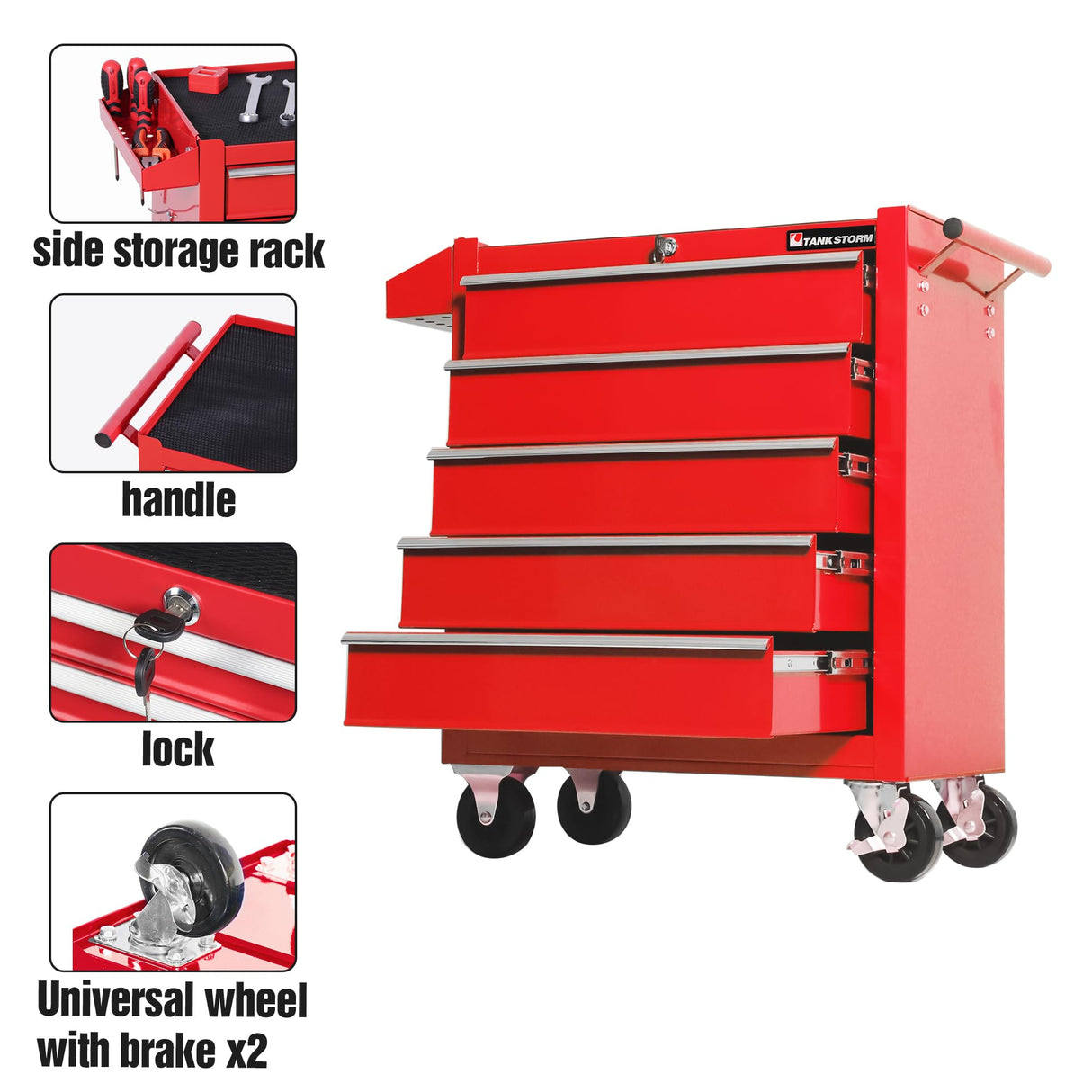 TANKSTORM Tool Chest Heavy Duty Cart Steel Rolling Tool Box 5 Drawer Cart (TZ35 Red) TANKSTORM