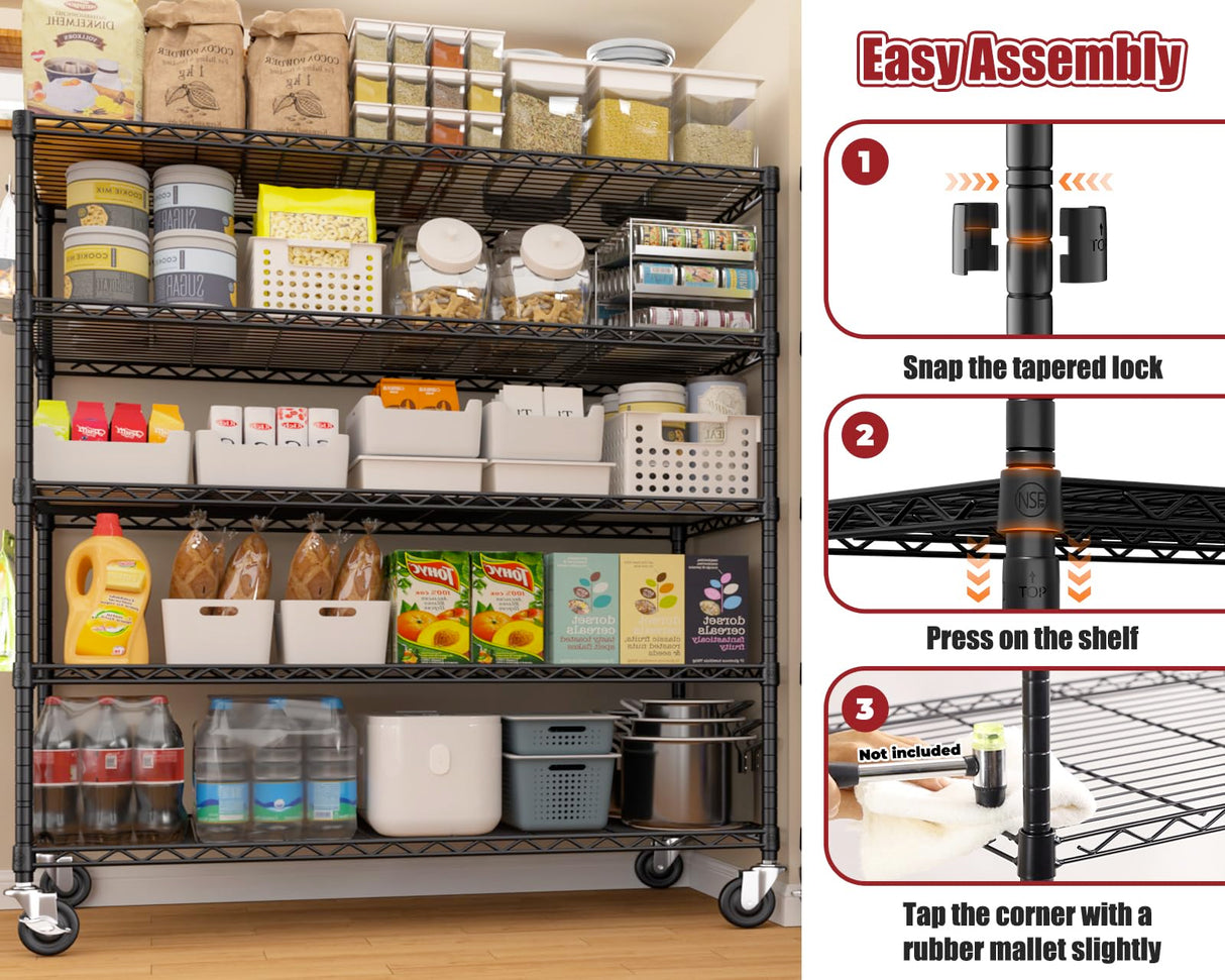 PrimeZone 48" W x 24" D x 81" H Heavy Duty Wire Storage Shelves with Wheels, 5 Tier Adjustable NSF Certified Garage Shelving Unit, Rolling Metal Organizer Shelf Utility Rack for Warehouse, Pantry PrimeZone