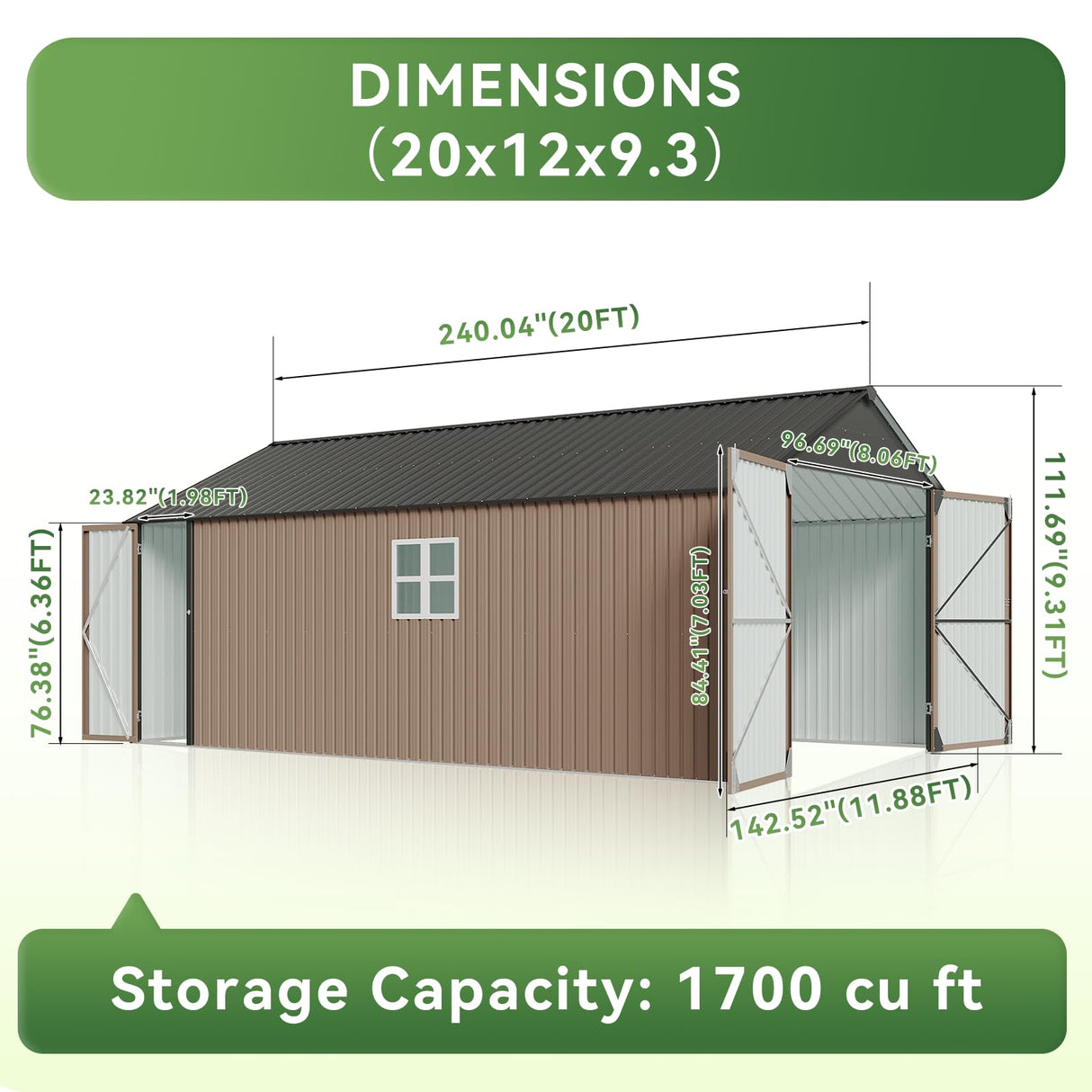 Aoxun 12x20x9.3 FT Shed Outdoor Metal Garage Shed 1700 CUFT Extra Large Storage Shed for Vehicles & Sundries 11" Snow Load Double-Door All-Weather Garden Shed (Brown) Aoxun