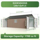 Aoxun 12x20x9.3 FT Shed Outdoor Metal Garage Shed 1700 CUFT Extra Large Storage Shed for Vehicles & Sundries 11" Snow Load Double-Door All-Weather Garden Shed (Brown) Aoxun