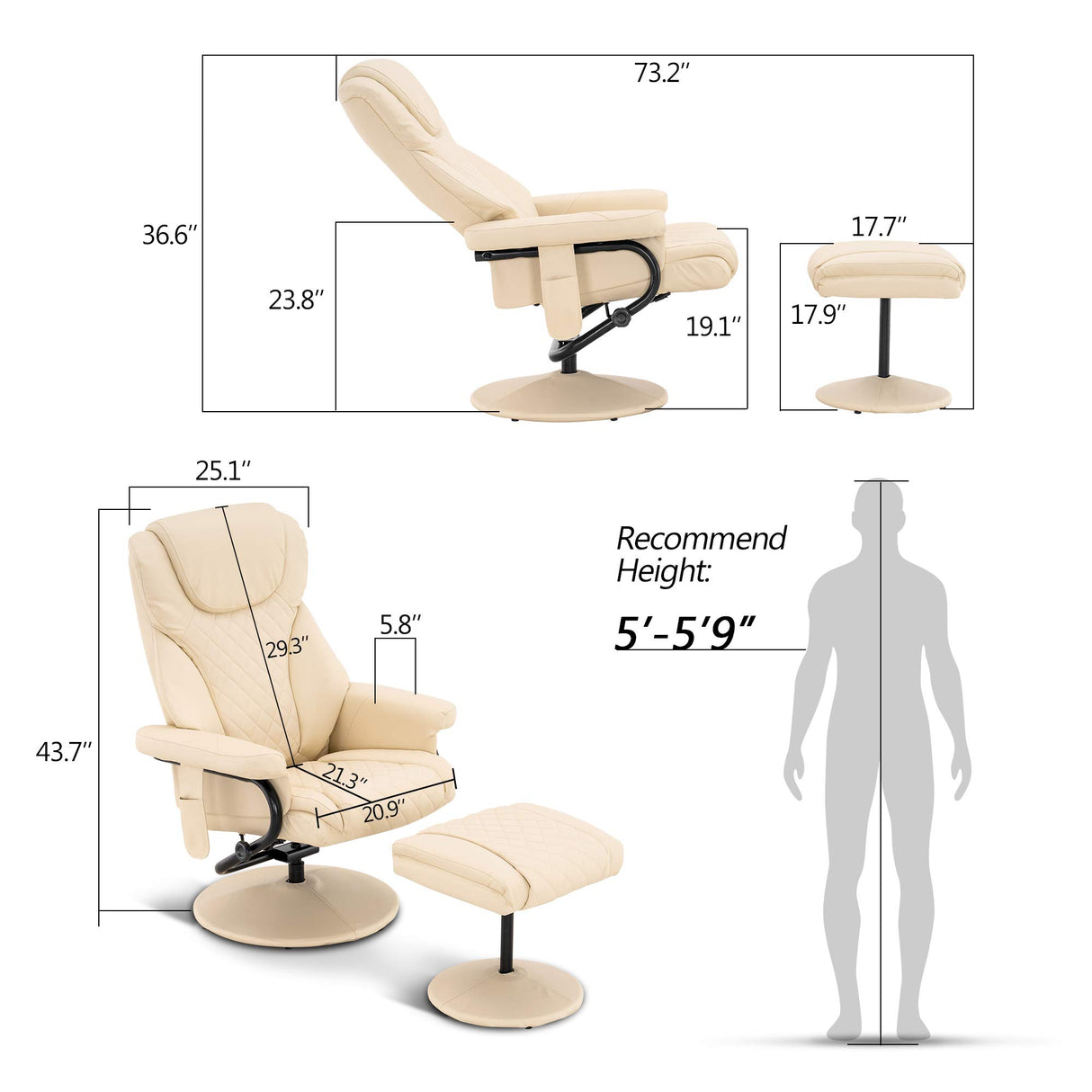 MCombo Recliner with Ottoman, Reclining Chair with Massage, 360 Swivel Living Room Chair Faux Leather, 4901 (Cream White) MCombo