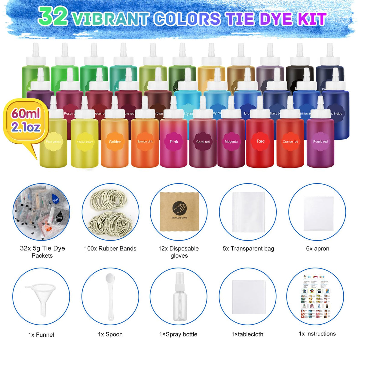 Tie Dye Kit 32 Color All-in-one Clothing Dye Kit, Permanent Fabric Dye Kit for Kids, Adults, Large Group Handmade Party Activity, DIY Bright Neon Tye Dye Kit MojiDecor