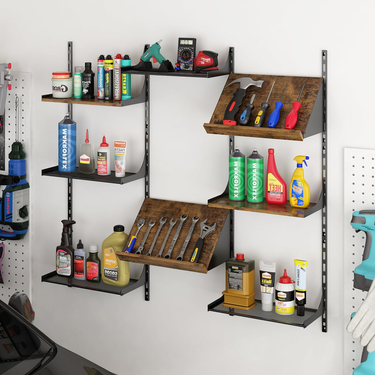 GILLAS Wall Mounted Floating Shelves, 8 Tier Wall Mounted Storage Shelves, Industrial Rustic Bookshelf with Adjustable Metal Brackets, Display Rack for Living Room, Bedroom, Kitchen, Home Office GILLAS