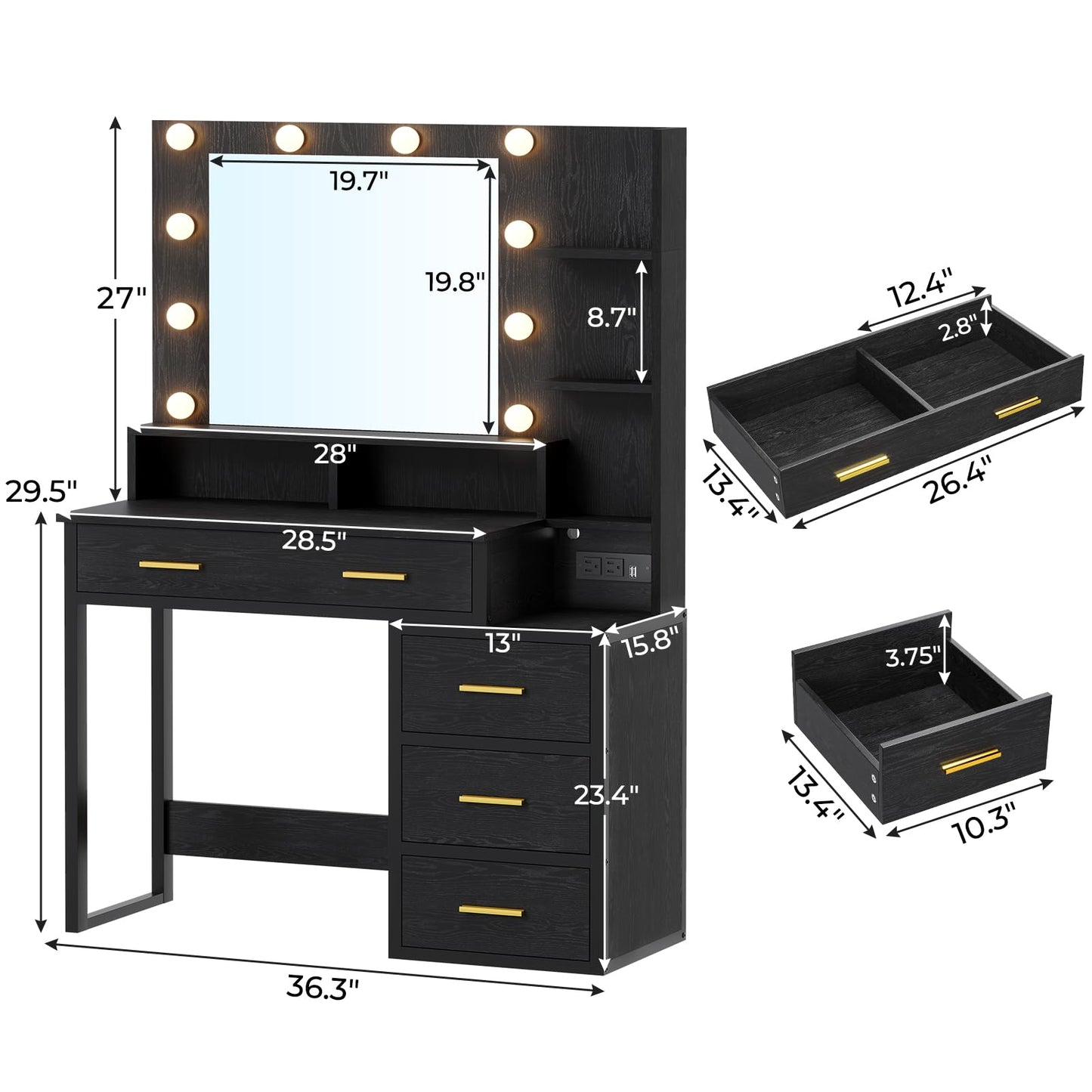 Tiptiper Makeup Vanity with Lights, Black Vanity Desk with Mirror & 3 Lighting Modes, Vanity Table with USB Ports and Outlets, Makeup Table with Nightstand & Storage Shelves & Drawers (Modern Black)