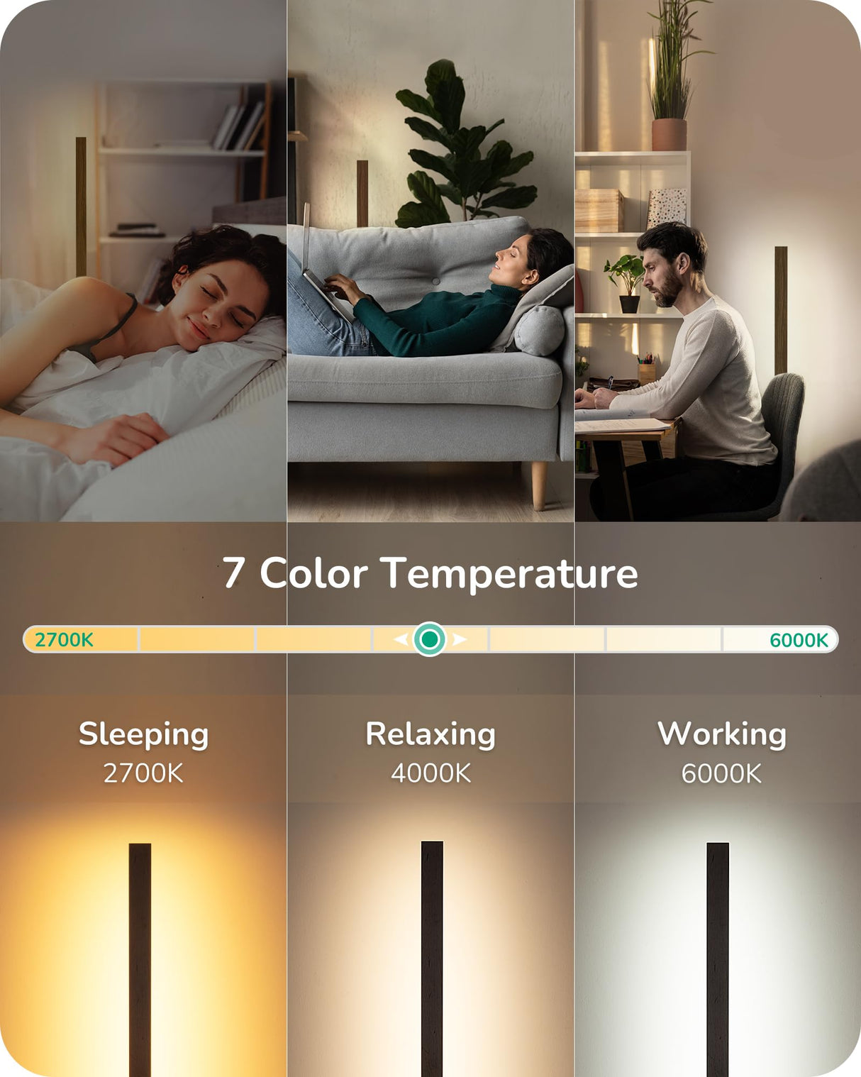 EDISHINE Wooden LED Corner Floor Lamp, Minimalist Dimmable Stick Light with Remote, Modern Standing Light for Living Room, Bedroom, Office, 7 Color Temperature 2700~6000K, 46" EDISHINE