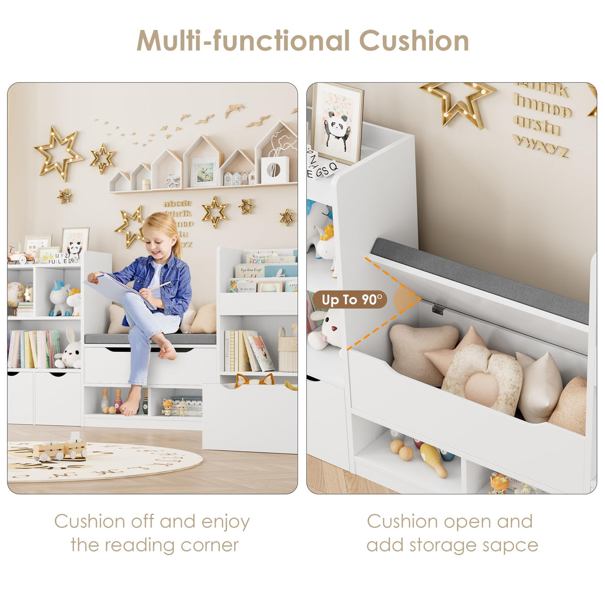 FOTOSOK 72” Kids Bookshelf with Reading Nook, Large Toy Storage Organizer with Seat Cushion and 3 Movable Drawers, Kids Reading Nook Toy Organizers and Storage with Bench for Living Room, White FOTOSOK