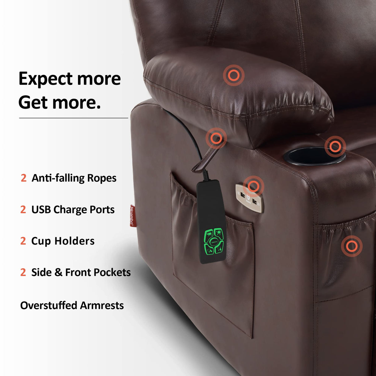 MCombo Large Lay Flat Dual Motor Power Lift Recliner Chair Sofa with Massage and Heat, USB Ports, Extended Footrest, for Elderly People, Infinite Position, Faux Leather 7815 (Dark Brown) MCombo