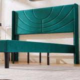 VECELO Dark Green Upholstered Queen Size Platform Bed Frame with Stylish Headboard and Wooden Slats – No Box Spring Needed VECELO
