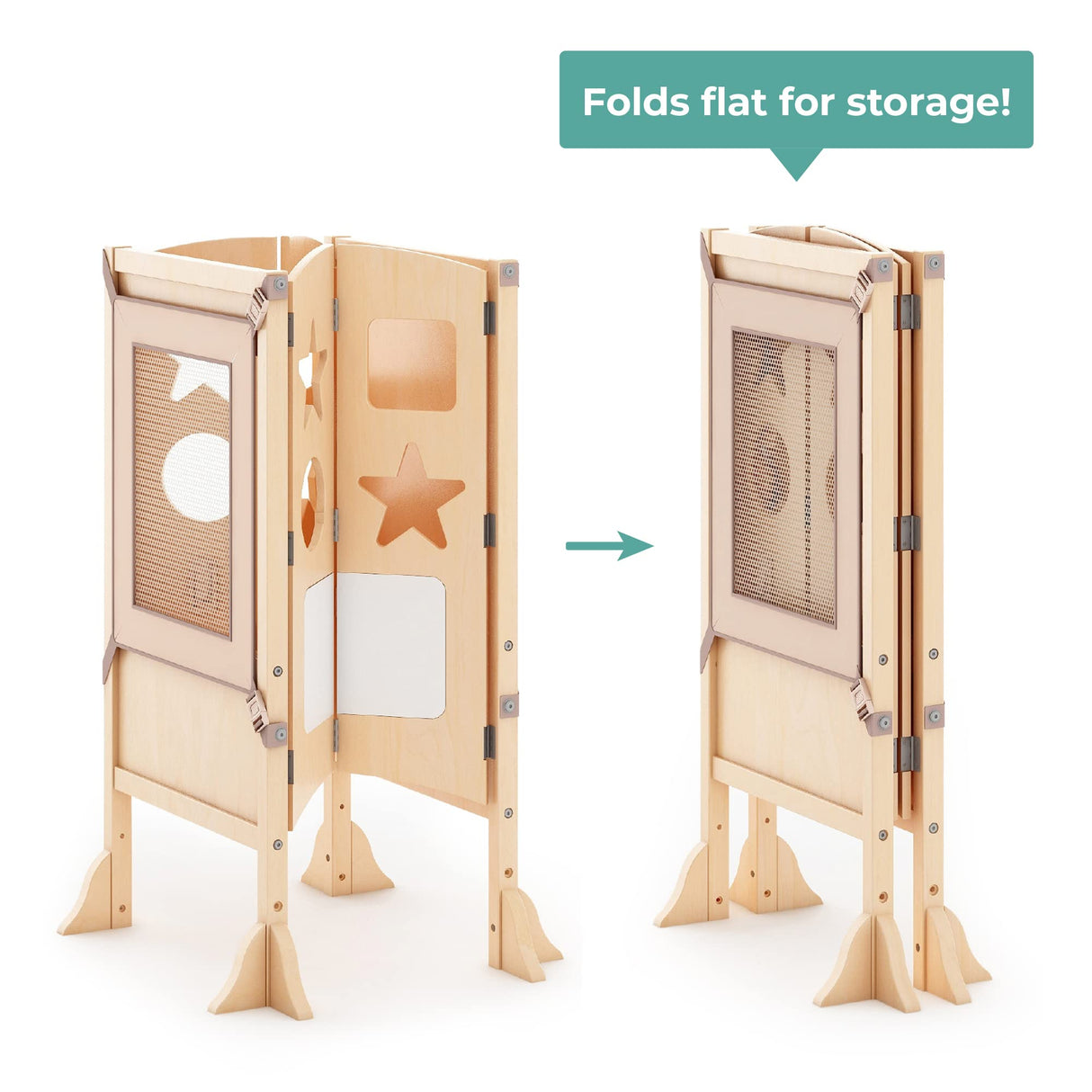 Guidecraft Classic Kitchen Helper® Toddler Tower and 2 Keepers - Natural: Folding Wooden Adjustable Height Platform, Kitchen Montessori Learning Step Stool, Chalkboard, Supports Up to 125lbs Guidecraft