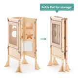 Guidecraft Classic Kitchen Helper® Toddler Tower and 2 Keepers - Natural: Folding Wooden Adjustable Height Platform, Kitchen Montessori Learning Step Stool, Chalkboard, Supports Up to 125lbs Guidecraft