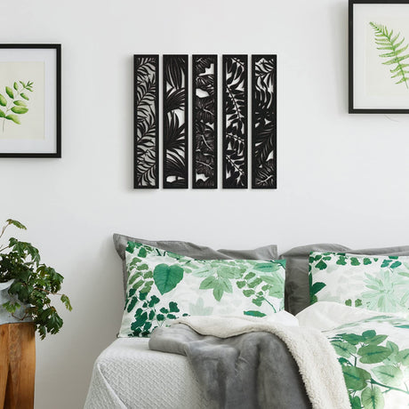 5 Pieces Wooden Wall Art Hollow Wall Decor Wood Wall Accents Themed Wood Panels for Home Decorations Bedroom Living Room, 15.7 x 2.9 x 0.2 Inch (Black, Leaf) Blulu