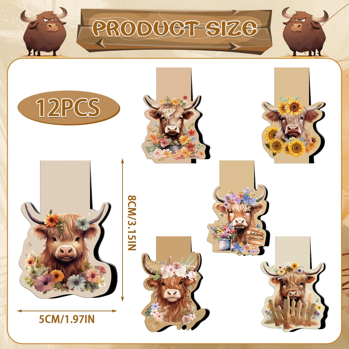 Wxiben Highland Cow Magnetic Bookmark - 12 Pcs Funny Animal Bookmarks Magnetic Floral Book Mark Magnets Cute Cow Magnets Bookmark Page Clip Gift for Book Lovers Students Teacher Reading Book Marks Wxiben