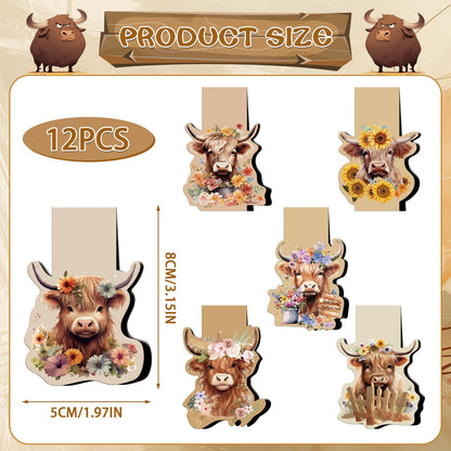 Wxiben Highland Cow Magnetic Bookmark - 12 Pcs Funny Animal Bookmarks Magnetic Floral Book Mark Magnets Cute Cow Magnets Bookmark Page Clip Gift for Book Lovers Students Teacher Reading Book Marks