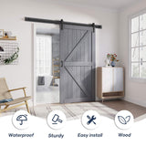 FREDBECK 42in x 84in Gray Wood Barn Door Slab with 7ft (84inch) Barn Door Hardware Track Kit and Handle Floor Guide Included, Double Surfaces,Simple Assembly is Required,K-Frame,Grey FREDBECK