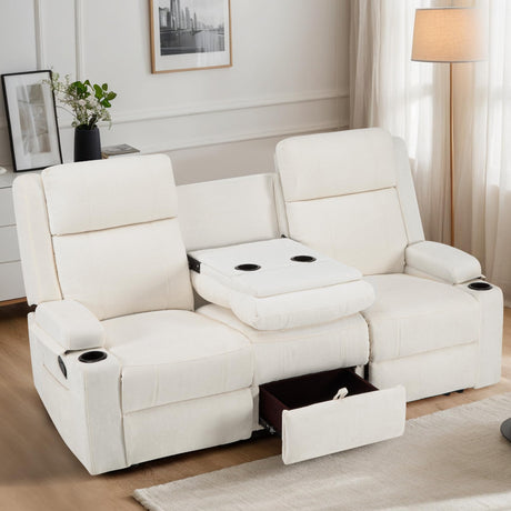 75'' Manual Reclining Sofa with Storage Drawer, 3 Seat Wall Hugger Recliner Couch with Cup Holders, Side Pockets, Chenille Fabric, Compact 3-Person Recliner for RV, Living Room, Apartment (Beige) LURVIA