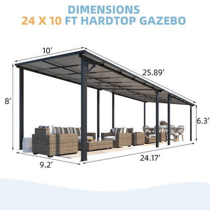 AECOJOY 24' x 10' Gazebo for Patio, Large Wall-Mounted Hard Top Lean-to Gazebo Pergola with Roof 10' x 24' on Clearance, Heavy Duty Patio Awnings for Decks, Backyard