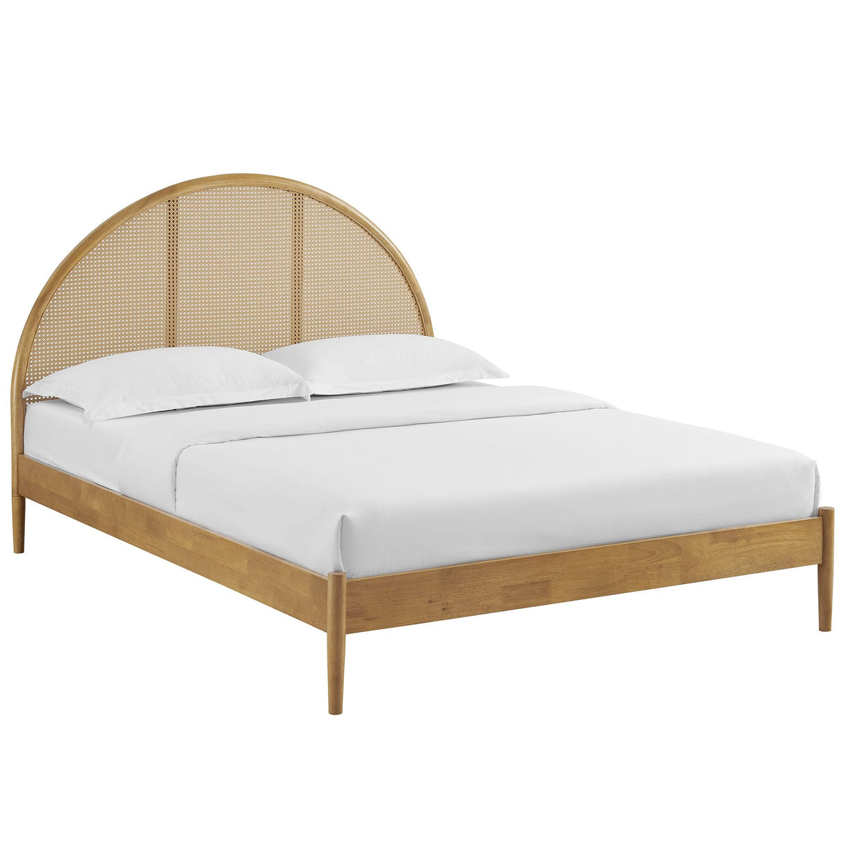 Modway Odette Arched Queen Platform Bed in Oak with Rattan Cane Headboard – Wooden Queen Half Moon Bed Frame – Mid-Century Modern Queen Size Platform Bed Frame Modway