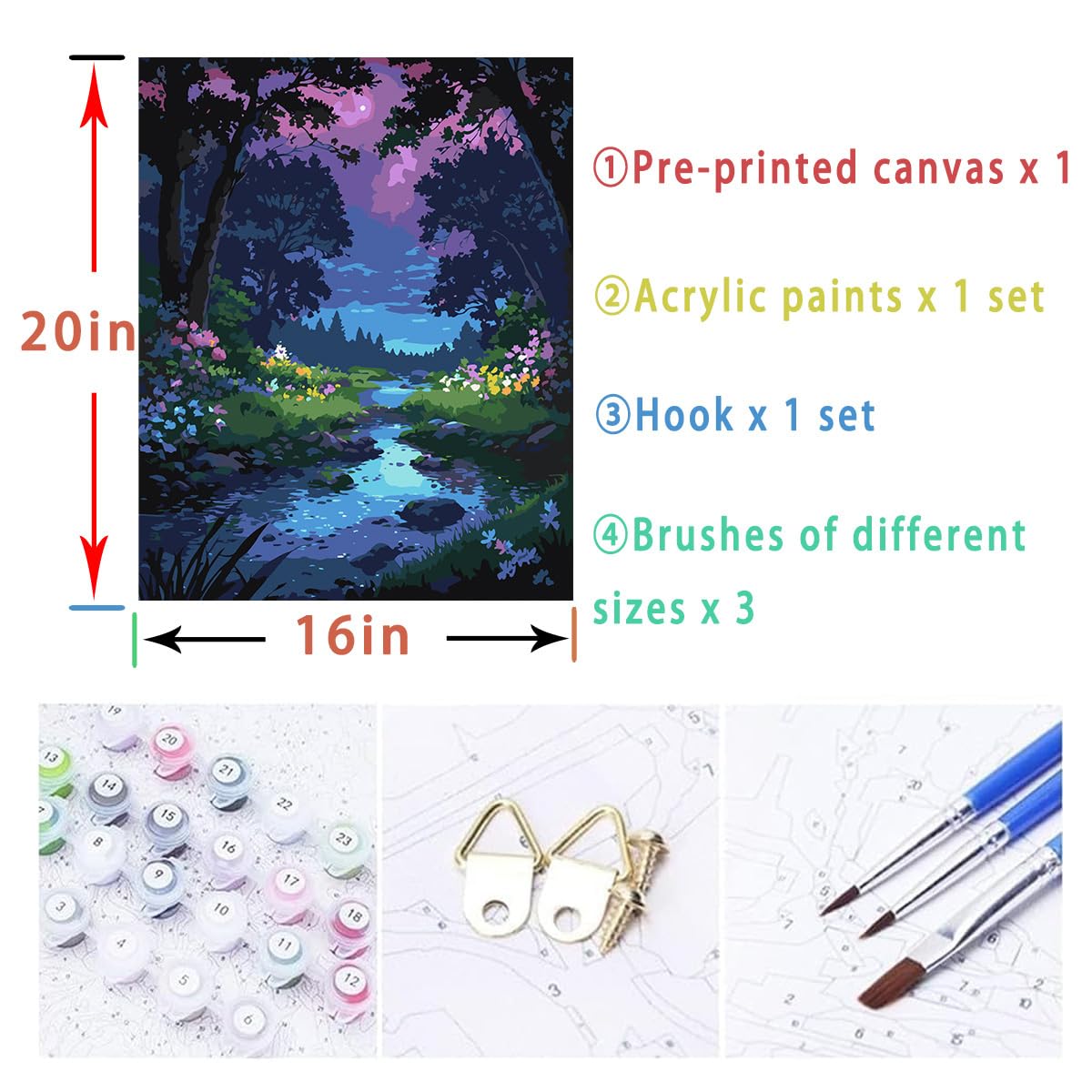 Lovepefe Forest Rivulet Paint by Numbers Kit for Adults, Paint by Number Kits for Beginner Acrylic On Canvas Forest Night Oil Painting Kit Adults Kits for Gift Home Wall Decor 16x20 Inch Lovepefe