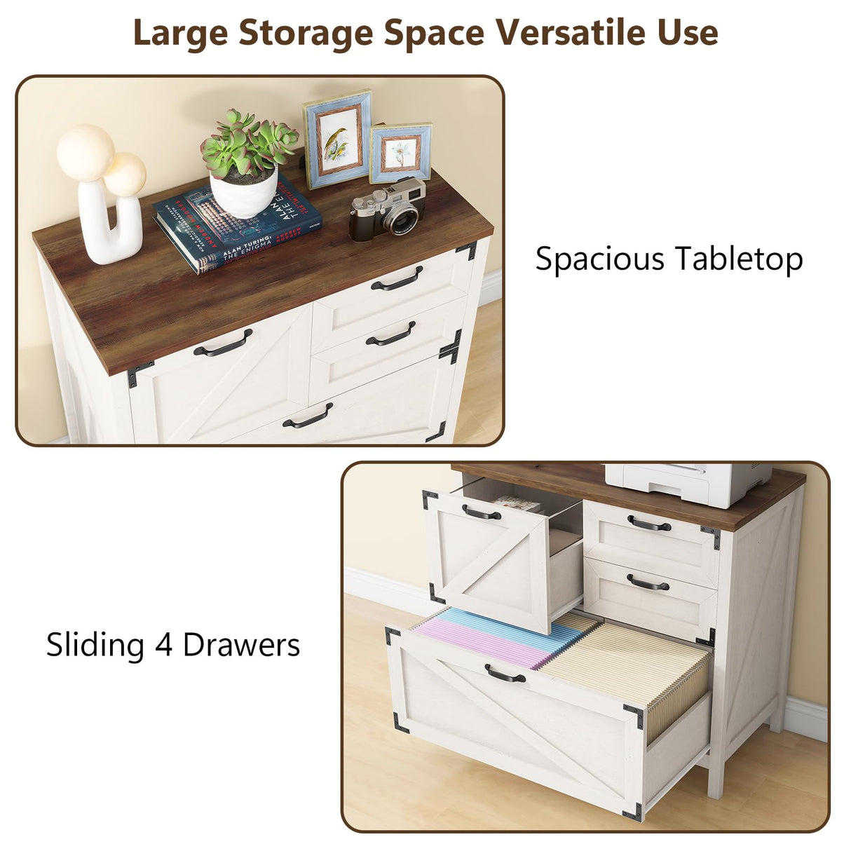 Lateral File Cabinet with 4 Drawers Farmhouse File Cabinet for Letter/Legal/A4 Size Hanging Files, Large Wood File Storage Cabinets Printer Stand for Home Office Cabinet, Rustic White Halitaa