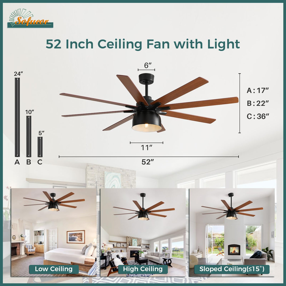 Sofucor 52 Inch Ceiling Fans with Lights, Indoor Outdoor Modern Wood Ceiling Fan with Remote, 6 Speeds, Reversible DC Motor, for Bedroom Living Room Covered Patio Porch Sofucor