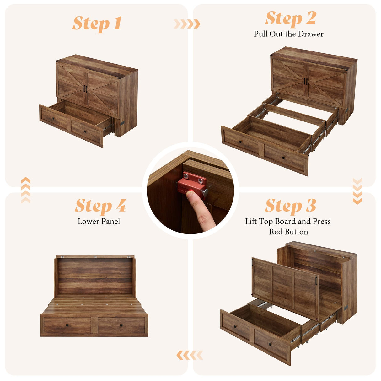 AMERLIFE Queen Murphy Bed Cabinet with Charging Station and Storage, Farmhouse Foldable Platform Bed for Guest Room, Office, Small Spaces, Barnwood AMERLIFE