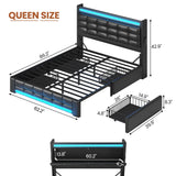 ADORNEVE Queen Bed Frame with Storage Headboard & 4 Drawers, LED Bed Frame Queen with Charging Station, Leather Upholstered Platform Bed Frame with Button Tufted, No Box Spring Needed, Black PU ADORNEVE