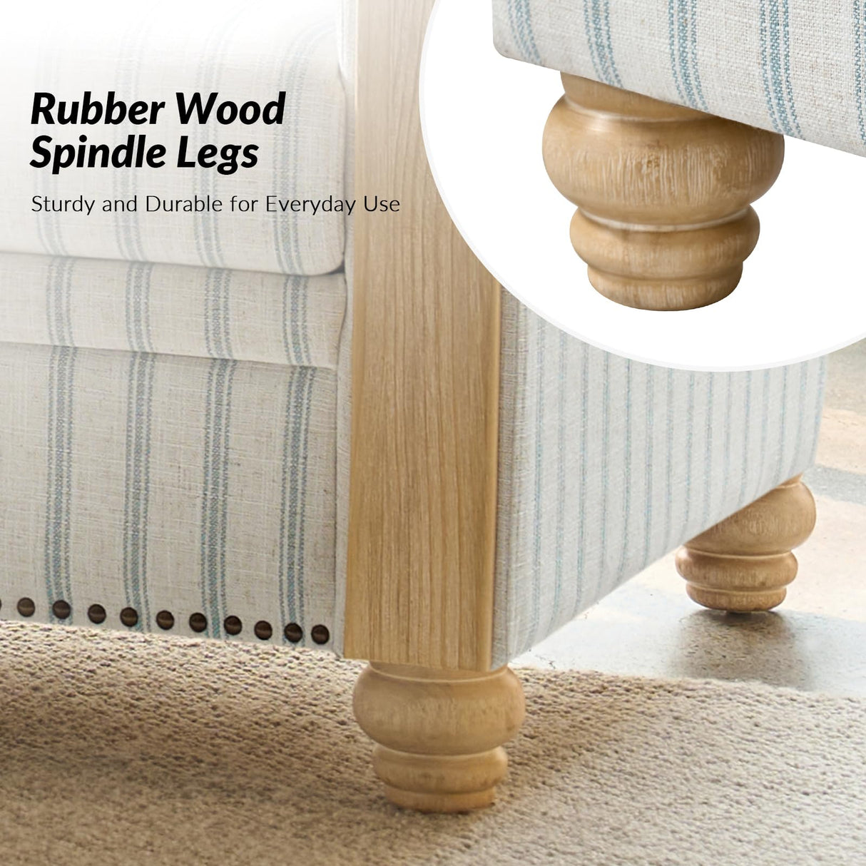 HULALA HOME 81" Farmhouse Couch with Stripe Pattern, 3 Seater Sofa with Solid Wood Legs and Rolled Wide Armrests, Comfy Upholstered Sofa with Nailhead Trims, FSC Certified, Blue HULALA HOME