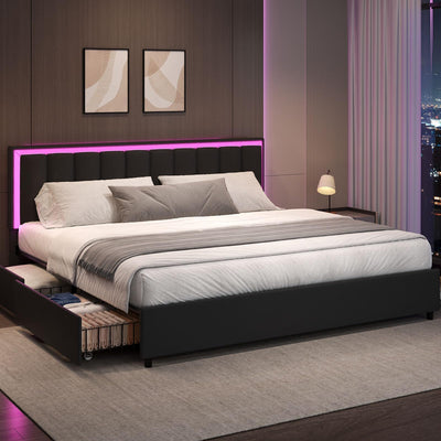 IMMERSTABLE King Bed Frame with 4 Drawers, Bed Frame King Size with LED Lights, Upholstered Bed Frame King Size and Headboard, No Box Spring Needed, Noise-Free, Easy Assembly, Black