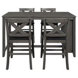 5 Pieces Counter Height Wooden Bar Table Set with 3-Tier Shelf and 4 Chairs, Rustic Farmhouse Dining Table Set for 4, Gray Harper & Bright Designs