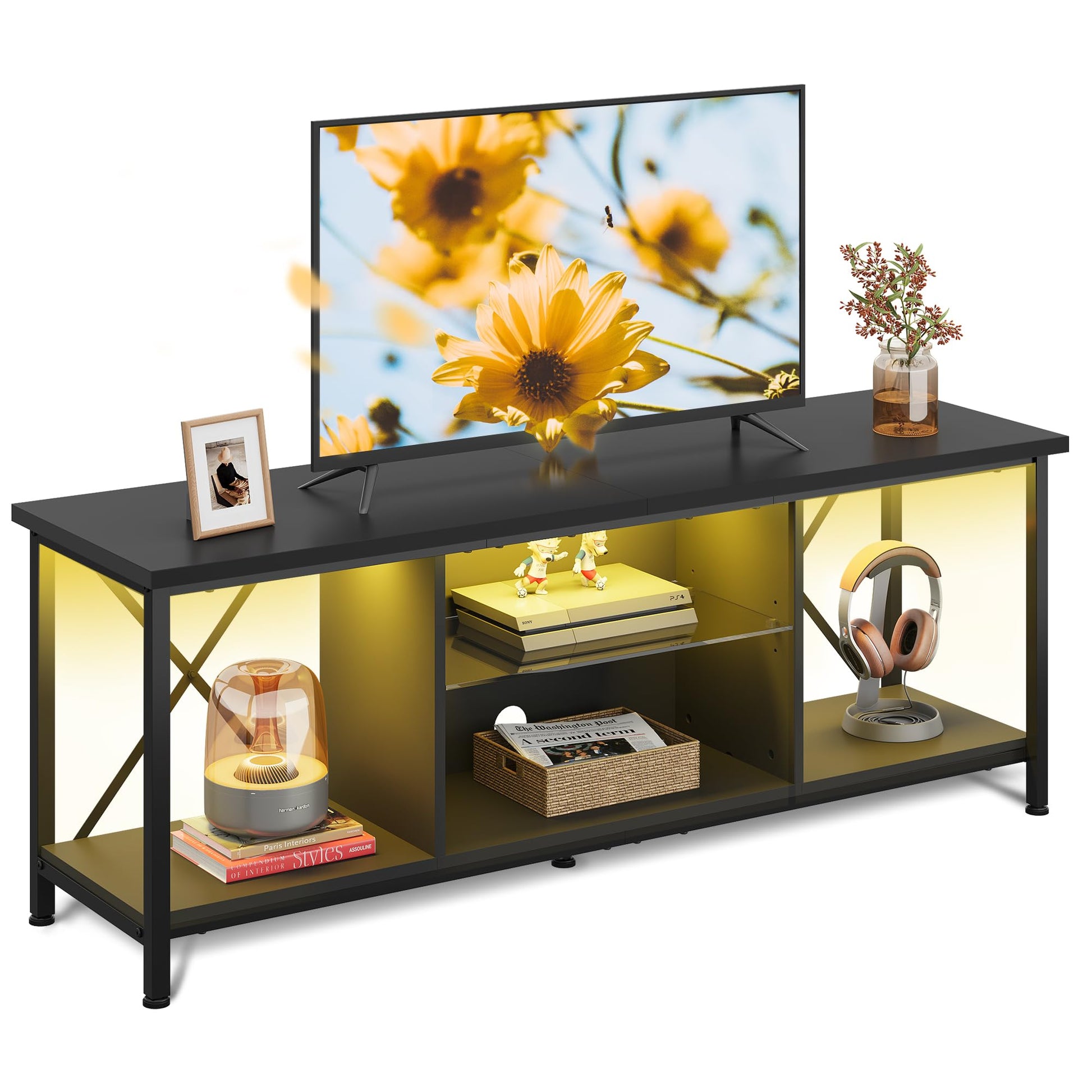 WLIVE TV Stand up to 65 Inch TV, 55" Entertainment Center with LED, Industrial TV Console with Glass Shelf for Living Room and Bedroom, Black - WoodArtSupply