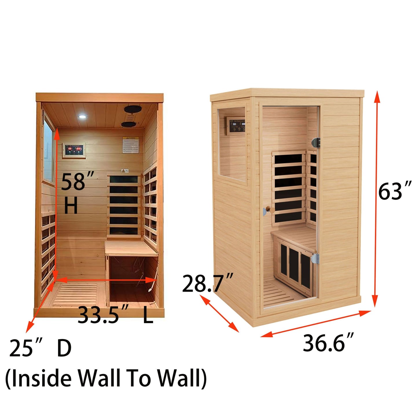 Xmatch Far Infrared Wooden Sauna Room, 1-Person Size Left Bench, with 1050W, 6 Heating Plates, 10-15 Minutes Pre-Warm up