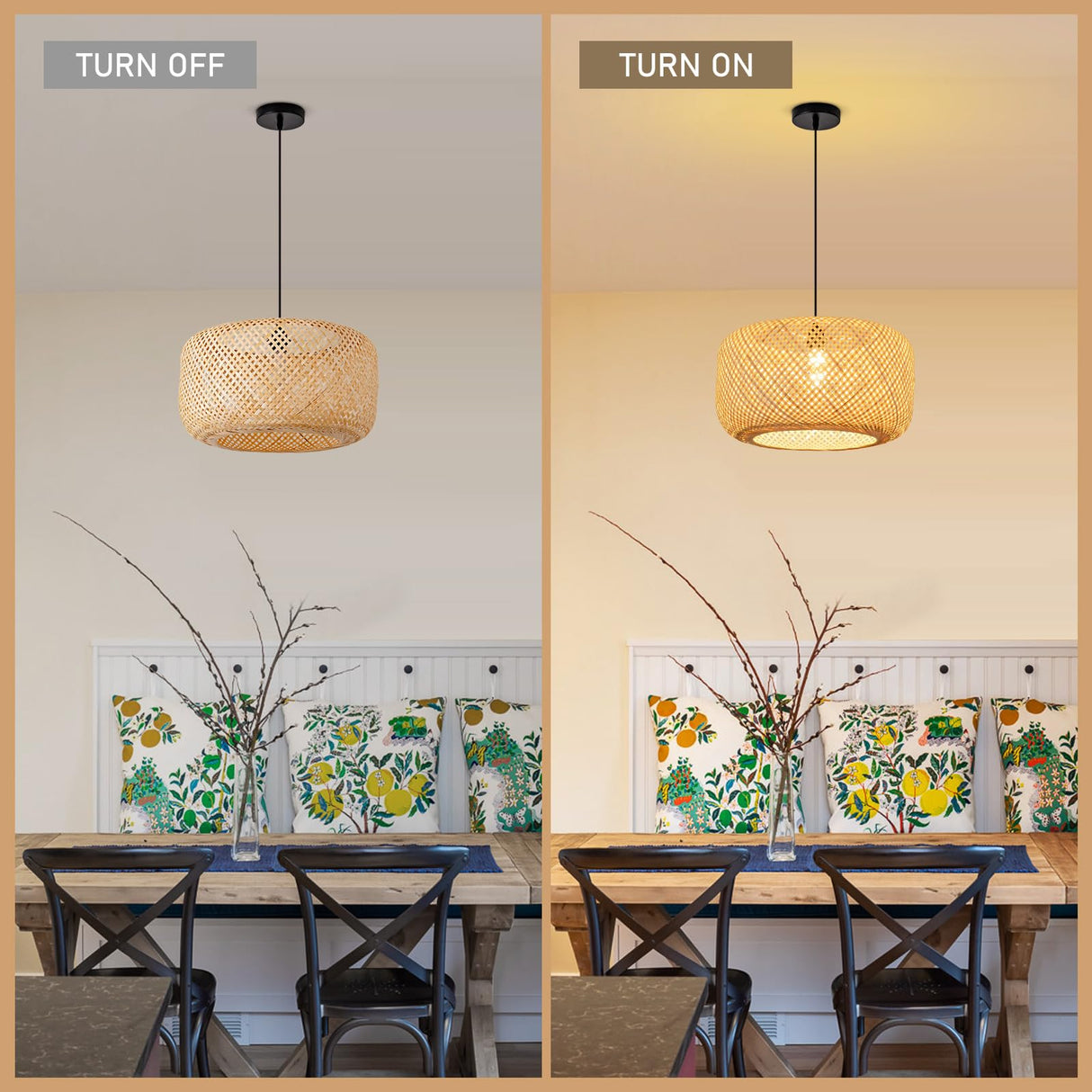 LUJOGUID 17.72in Bamboo Drum Light Rattan Wicker Hand Woven Lighting Fixture Boho Coastal Beach Chandelier Hanging Basket Lights for Kitchen Island Dining Room Restaurant Hallway Foyer LUJOGUID