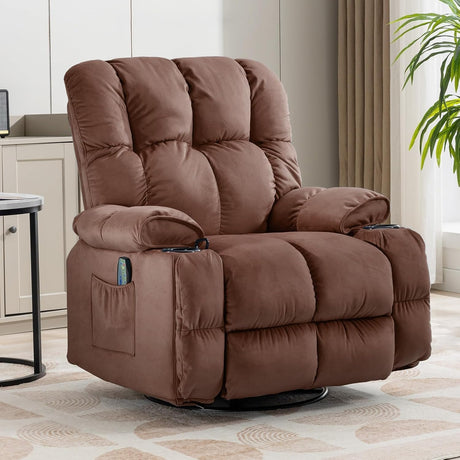COMHOMA Recliner Chair, Swivel Rocker Recliner with Cup Holders, Heat and Massage, Fabric Recliners Sofa for Living Room (Brown) COMHOMA
