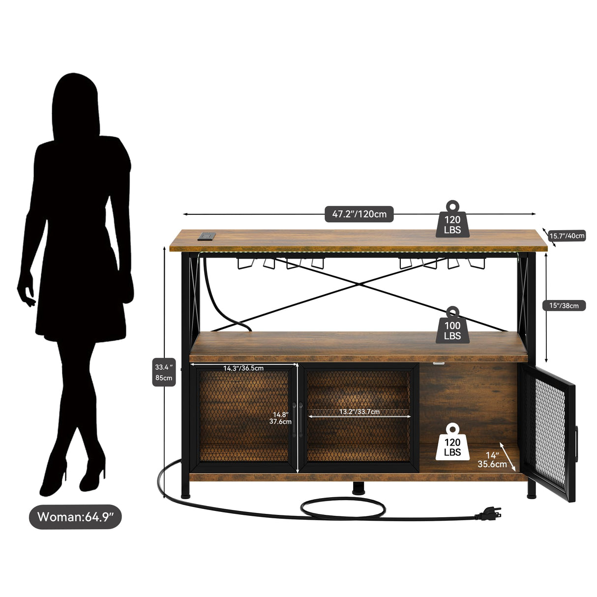YITAHOME 47" Rustic Brown Wine Cabinet with LED Lights and Power Outlets YITAHOME