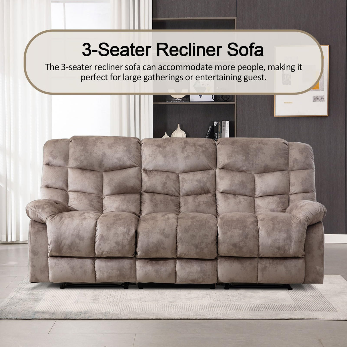 CANMOV Manual Reclining Sofa, 3 Seat Recliner Sofa with Armrest and Overstuffed Backrest, Couch Set for Living Room, Bedroom, Office, Light Brown CANMOV
