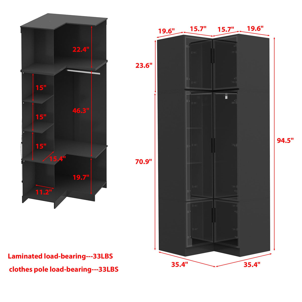 Homsee 94.5" H Corner Armoire Wardrobe Closet with Hanging Rod, LED Lights & Tempered Glass Doors, L-Shape Cloth Storage Cabinet with Top Cubes & Adjustable Shelves for Bedroom, Black Homsee